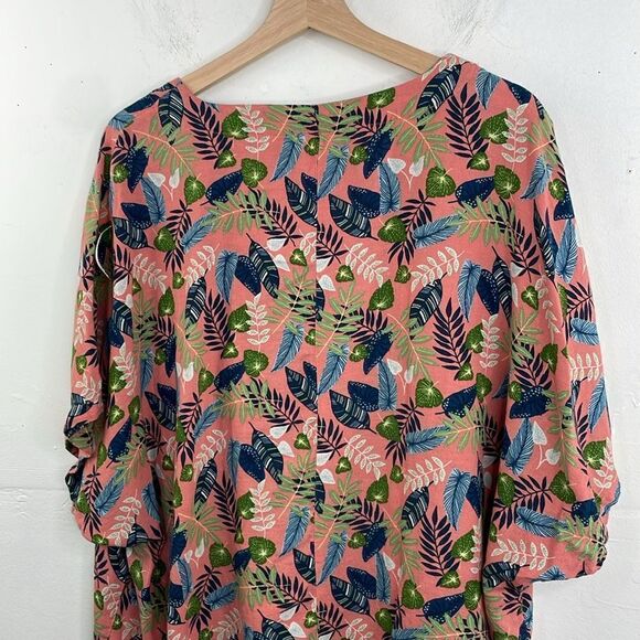 Roadtrip Linen Blend Easy Care Pink Tropical Tie Short Sleeve Top Plus Sz 2X - Picture 9 of 13
